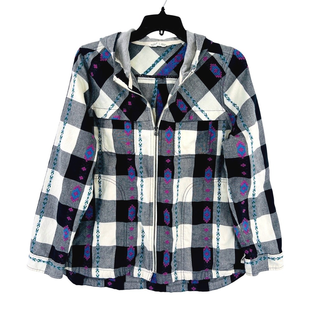 Woolrich Hooded Zip Buffalo Plaid Flannel Shirt Jacket L‎ Embroidered Shacket